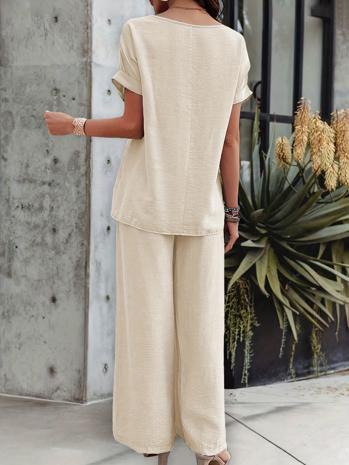 Damen Sommer Zweiteiler Set – Lässiges Boho Outfit mit weiter Hose und Kurzarm Bluse, Ideal für Strand & Freizeit