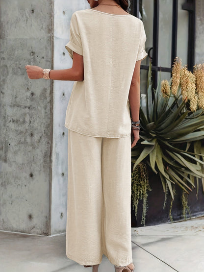 Damen Sommer Zweiteiler Set – Lässiges Boho Outfit mit weiter Hose und Kurzarm Bluse, Ideal für Strand & Freizeit