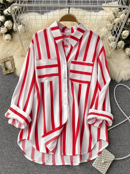 Damen Streifen-Bluse im klassischen Hemd-Stil – Modisches Freizeit- und Büro-Outfit