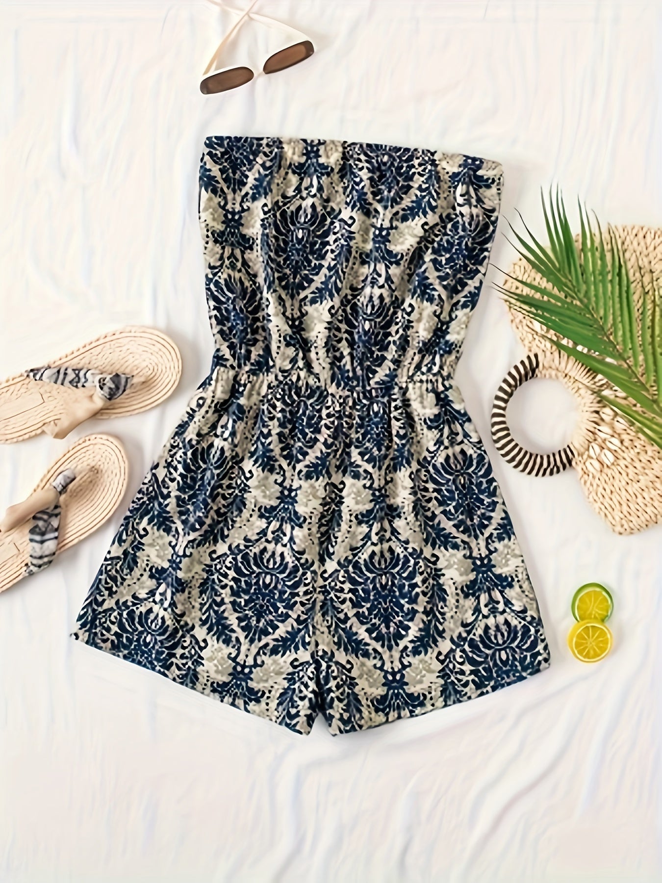 Damen Bandeau Jumpsuit mit Damastmuster – Eleganter Sommer Overall für Freizeit und Urlaub