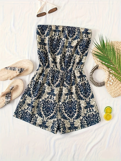 Damen Bandeau Jumpsuit mit Damastmuster – Eleganter Sommer Overall für Freizeit und Urlaub