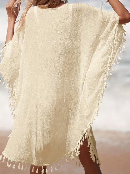 Damen Strand Kaftan Poncho mit Häkel-Details und Quasten – Perfekte Strandmode Cover-Up