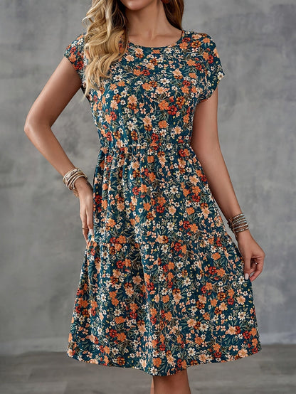 Damen Freizeitkleid mit Blumenmuster im Boho-Stil – Sommerkleid mit Kurzarm für Urlaub und Alltag
