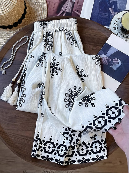 Damen Palazzo-Hose mit Boho-Stickerei und weitem Bein – Eleganter Freizeit-Look