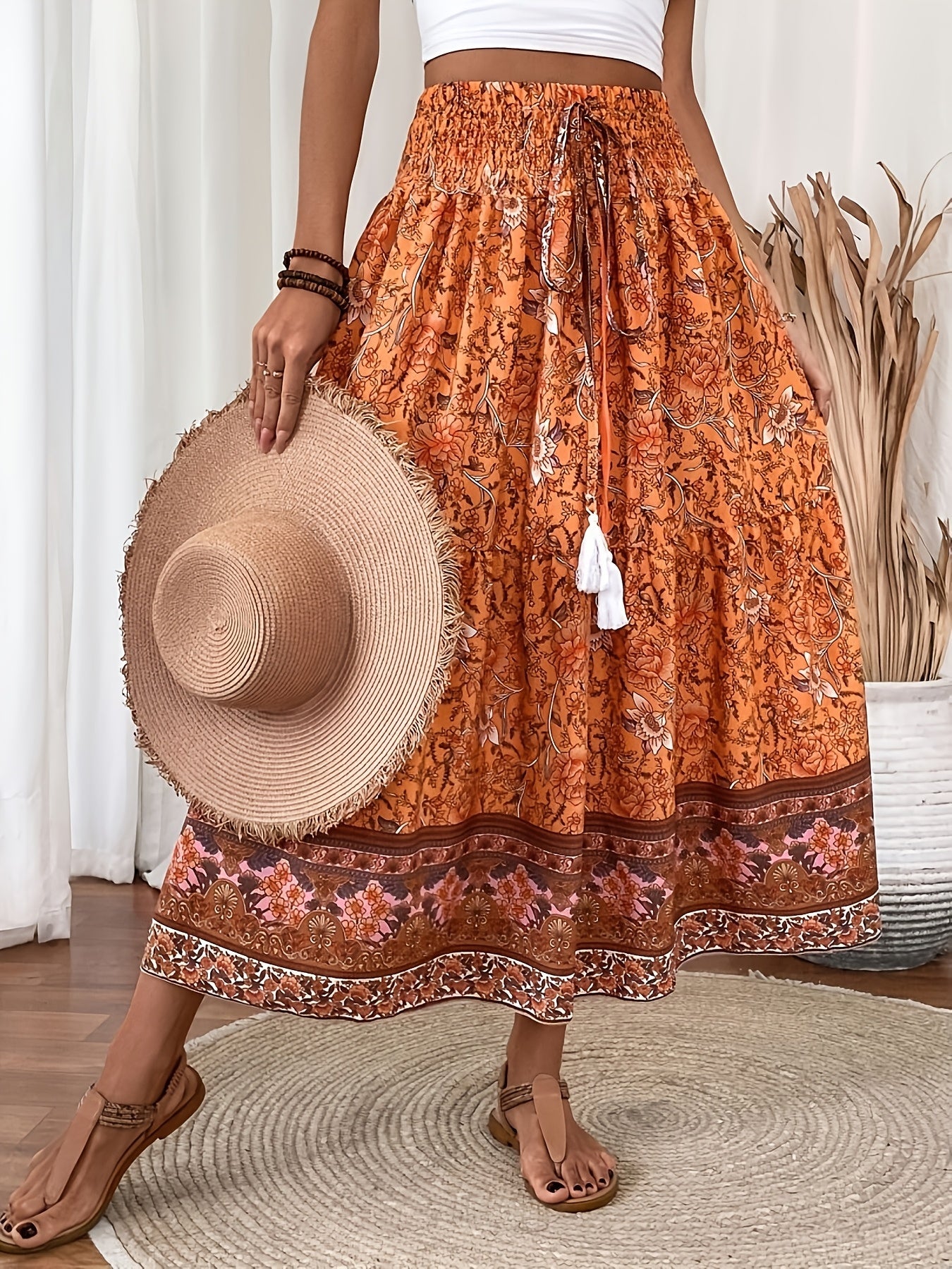 Damen Boho Maxirock mit Blumenmuster und Kordelzug – Sommer Freizeitrock für Strand und Alltag