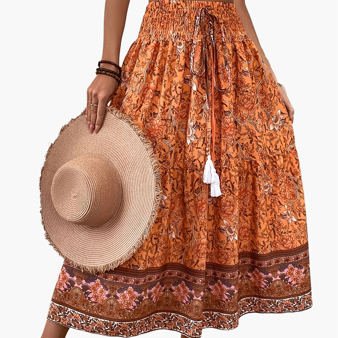 Damen Boho Maxirock mit Blumenmuster und Kordelzug – Sommer Freizeitrock für Strand und Alltag