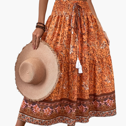 Damen Boho Maxirock mit Blumenmuster und Kordelzug – Sommer Freizeitrock für Strand und Alltag