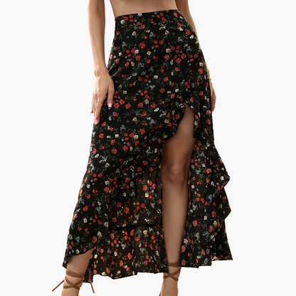 Damen Maxirock mit Blumenmuster und Volant, eleganter Sommerrock mit Schlitz