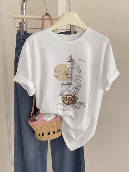 Damen Vintage T-Shirt mit Segelschiff Print – Lockeres Freizeitshirt im maritimen Stil