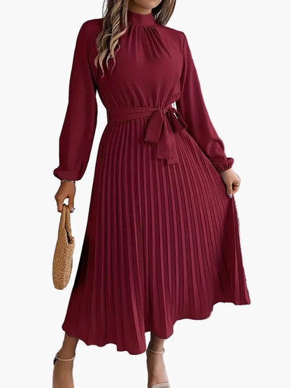 Damen Plisseekleid mit langen Ärmeln und Bindegürtel – Elegantes Midikleid für festliche Anlässe