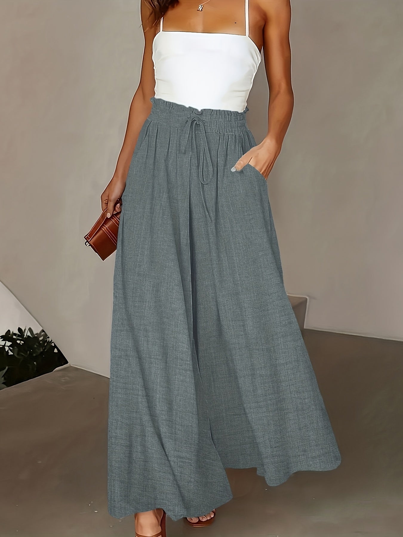 Damen Elegante Weite High Waist Palazzo Hose mit Taschen – Perfekt für Alltag und Büro