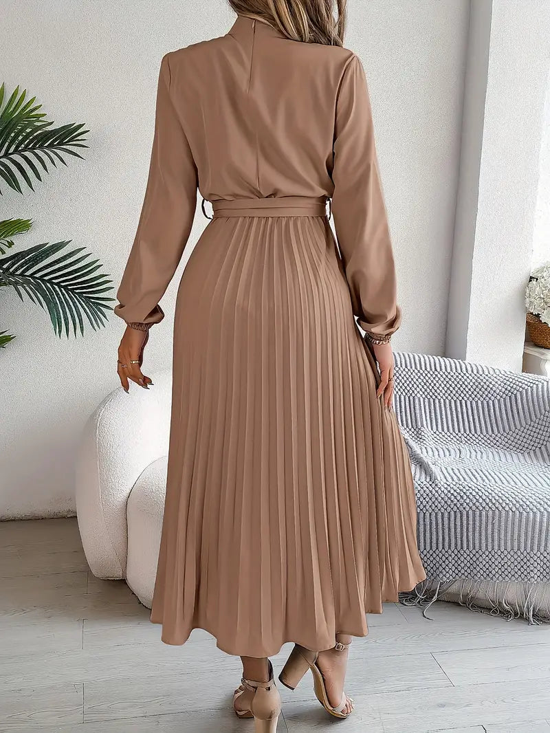 Damen Plisseekleid mit langen Ärmeln und Bindegürtel – Elegantes Midikleid für festliche Anlässe