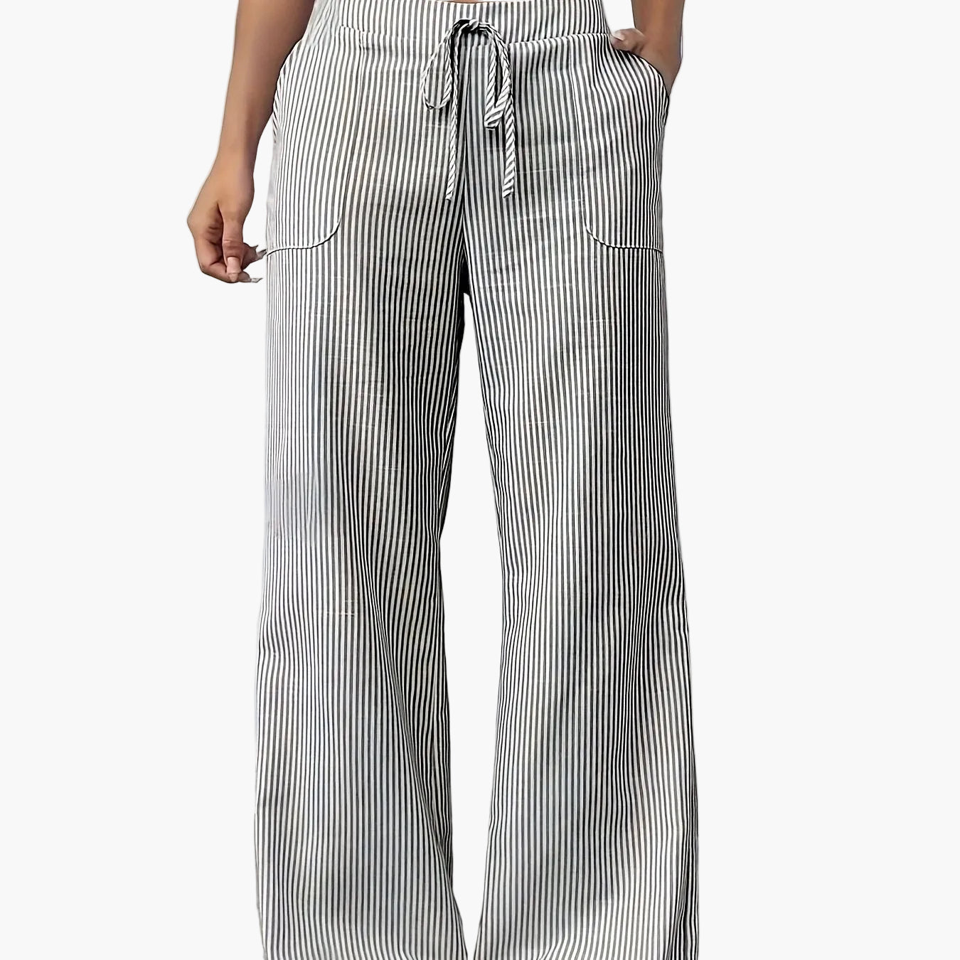 Damen Weite Casual Streifenhose mit Kordelzug – Bequeme Freizeithose für Alltag und Wochenende