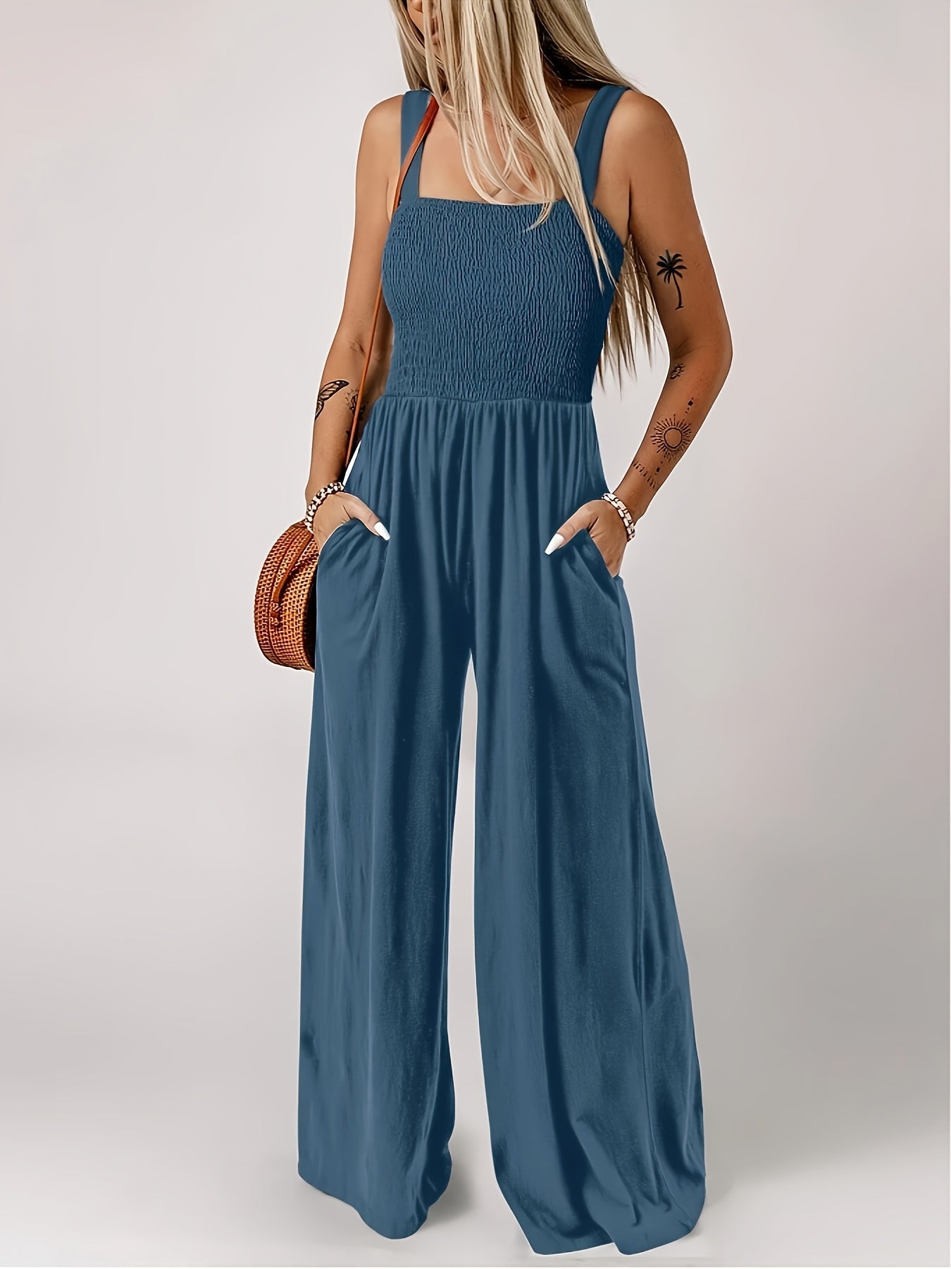 Damen Jumpsuit Elegant mit weitem Bein und Smok-Top, Sommer Overall für Freizeit & Urlaub