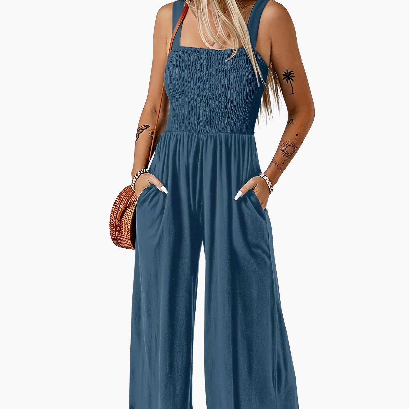 Damen Jumpsuit Elegant mit weitem Bein und Smok-Top, Sommer Overall für Freizeit & Urlaub