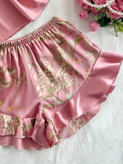 Damen Satin Pyjama Set mit Spaghettiträgern und Blumenmuster – Elegantes Schlafanzug-Set für den Sommer