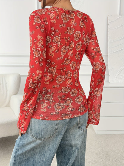Damen Blusen-Top mit Blumenmuster und Knopfleiste – Modischer Freizeit-Look