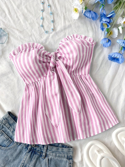 Damen Bandeau-Top mit Schleifen-Detail und Streifen – Stylisches, schulterfreies Oberteil für Freizeit und Ausgehen