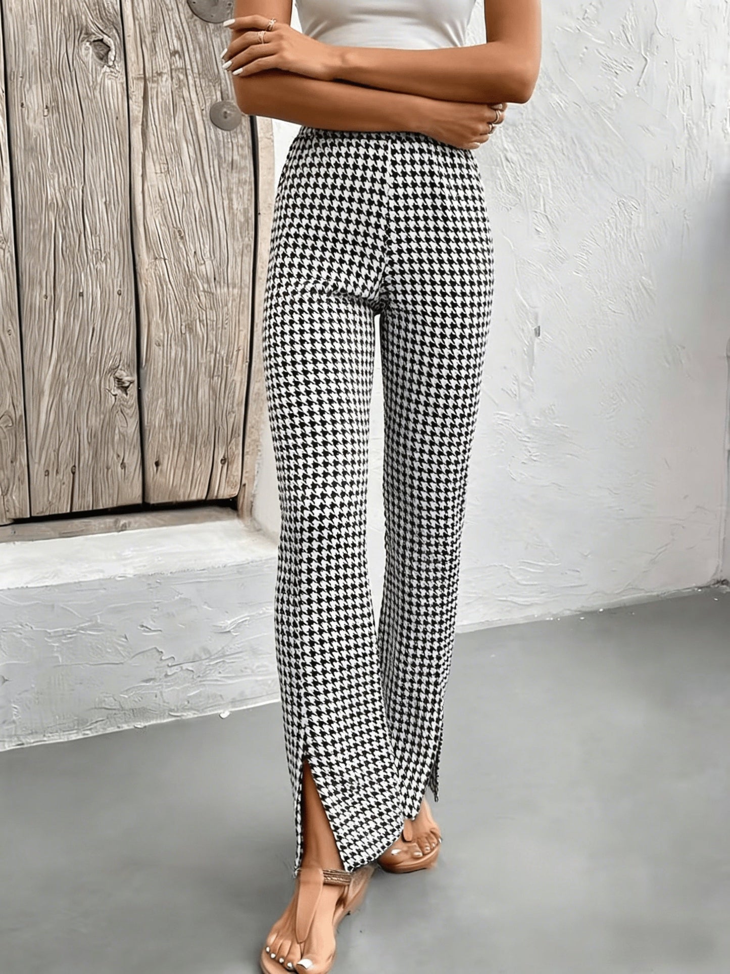 Damen Schlaghose mit Hahnentritt-Muster und Schlitz – Eleganter Freizeit-Look