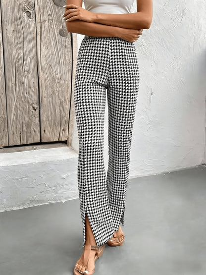 Damen Schlaghose mit Hahnentritt-Muster und Schlitz – Eleganter Freizeit-Look