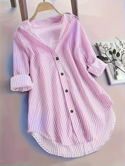 Damen Longbluse mit Streifenmuster und Knopfleiste – Modisches Hemd für Business und Freizeit