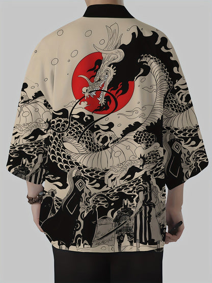 Herren Kimono Cardigan mit Drachen- und Samurai-Motiv – Japanischer Streetwear-Stil