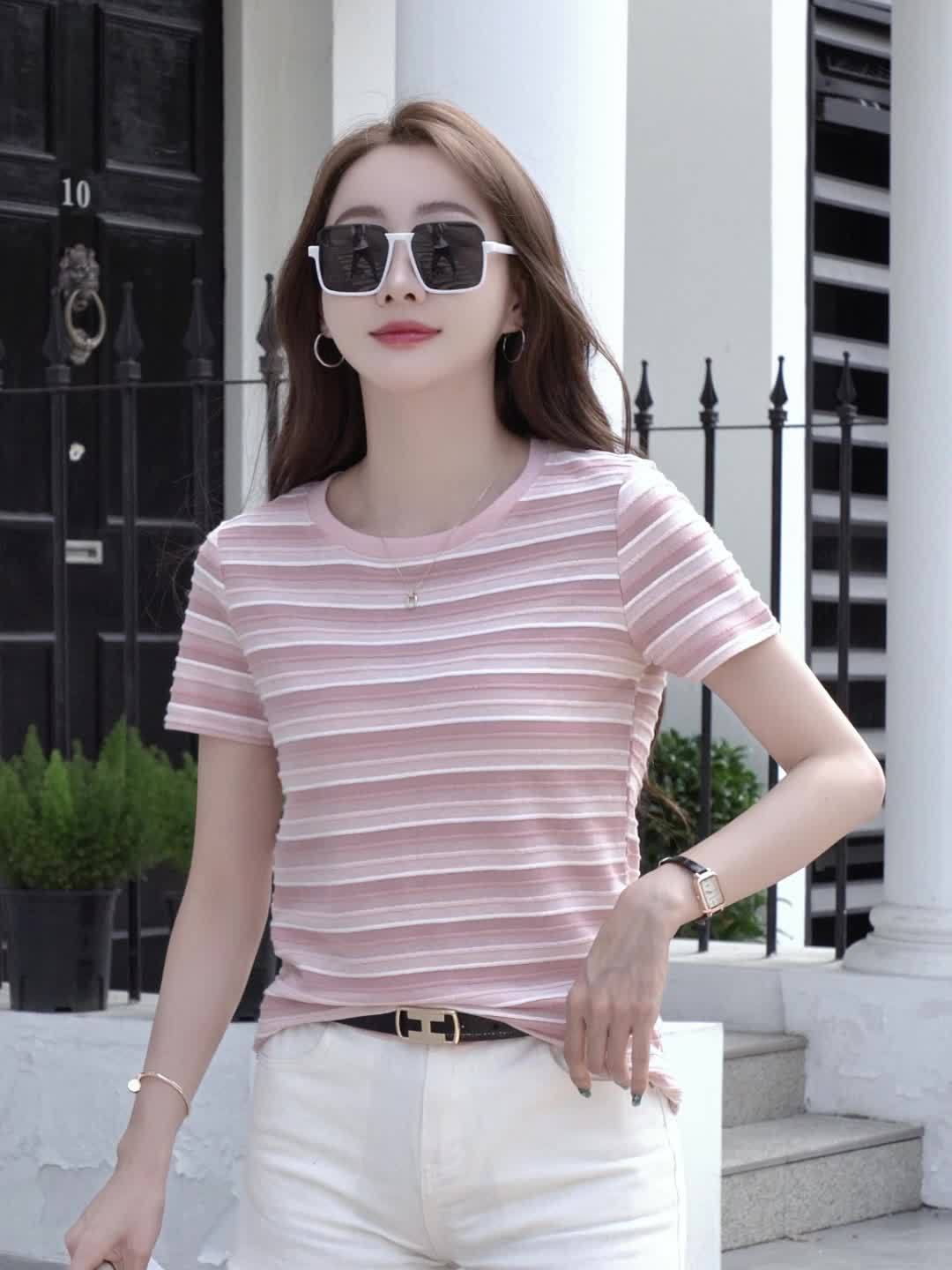 Damen Kurzarm Streifen T-Shirt – Lässiges Sommer Oberteil für Alltag und Freizeit