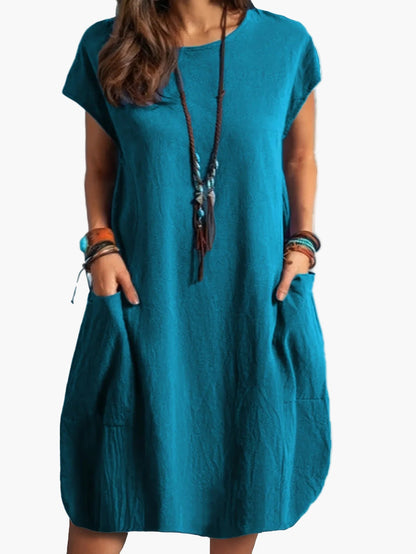 Damen Freizeitkleid Lockeres Tunika Sommerkleid mit Taschen – Bequemes Alltagskleid im Boho-Stil