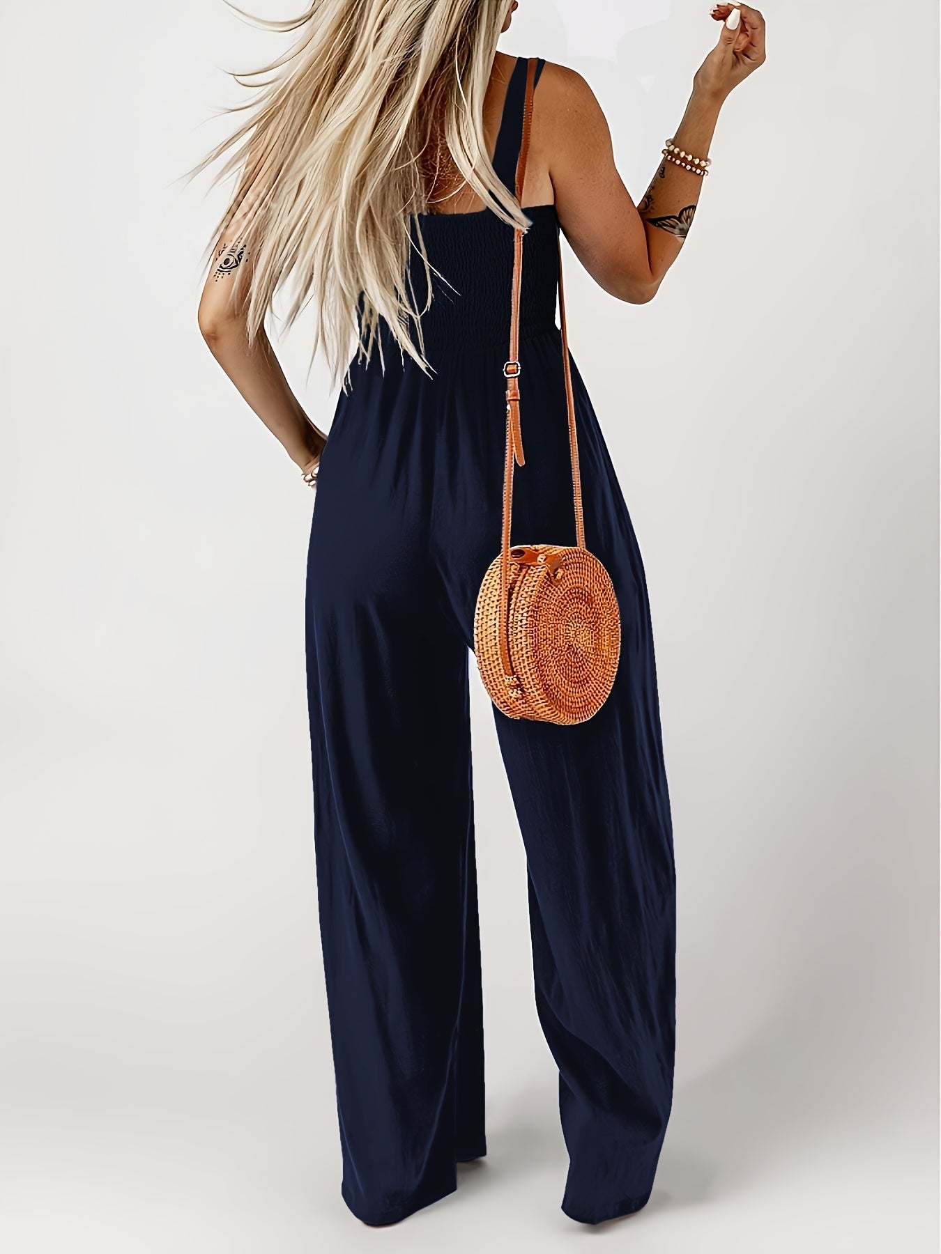 Damen Jumpsuit Elegant mit weitem Bein und Smok-Top, Sommer Overall für Freizeit & Urlaub