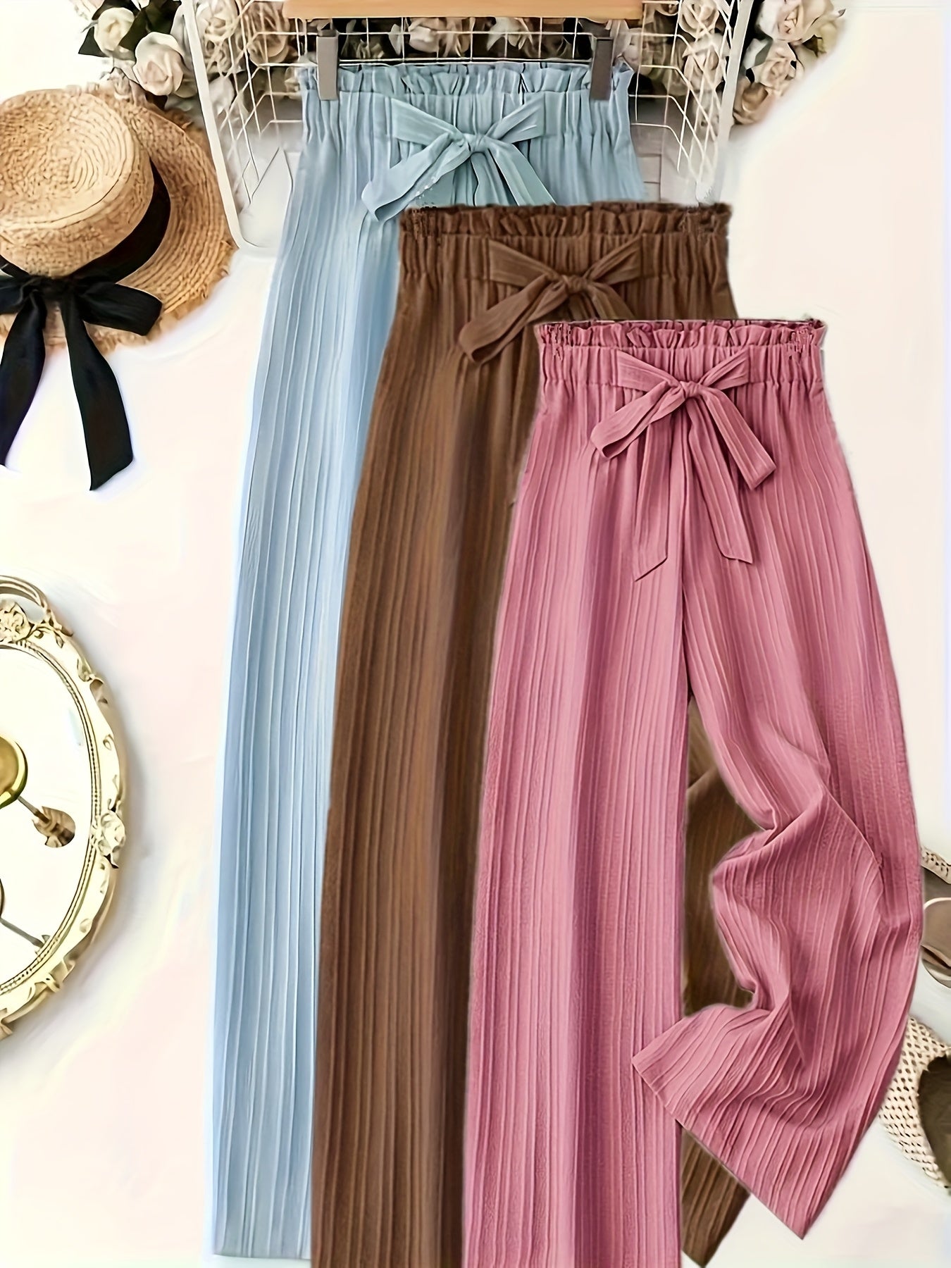 Damen Elegante Plissee-Hose mit Schleife – Weites Bein, Komfortbund, Lässig & Schick für Alltag und Büro