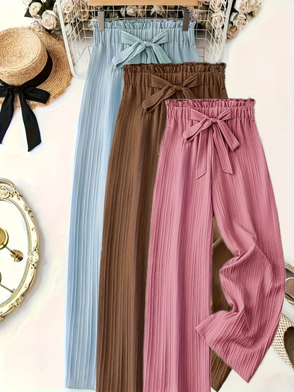 Damen Elegante Plissee-Hose mit Schleife – Weites Bein, Komfortbund, Lässig & Schick für Alltag und Büro