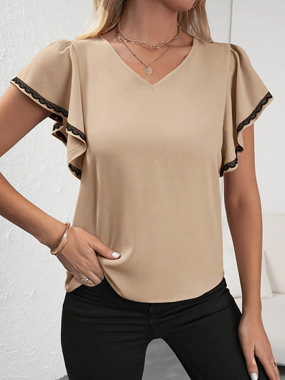 Damen Elegante V-Ausschnitt Bluse mit Volantärmeln und Spitzen-Detail – Büro & Freizeit