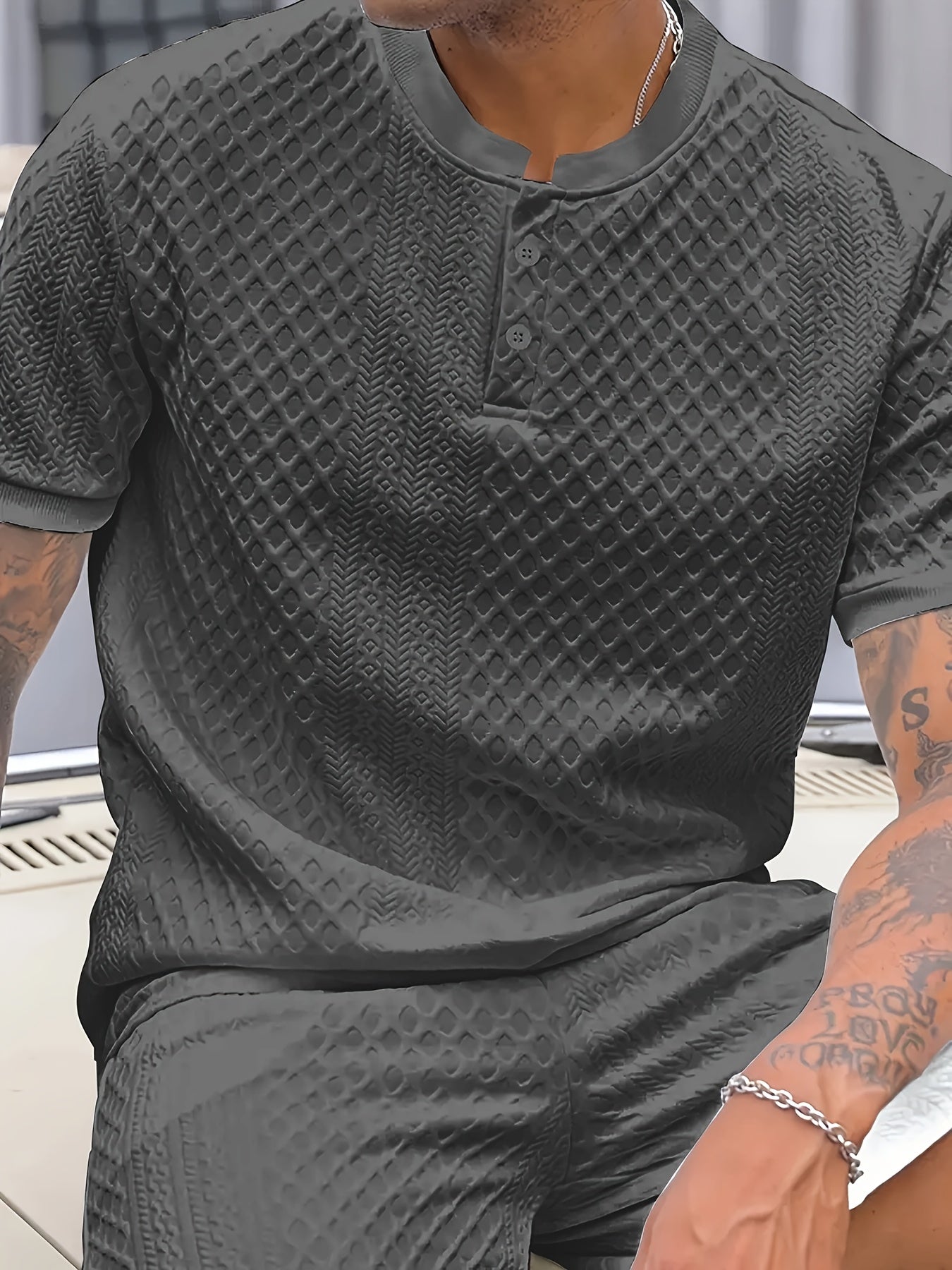 Herren Set mit Strukturmuster – Kurzarm Shirt und Shorts, Casual Sommer Outfit
