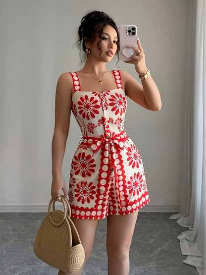 Damen Jumpsuit mit Blumenmuster und Taillengürtel – Eleganter Freizeit-Look