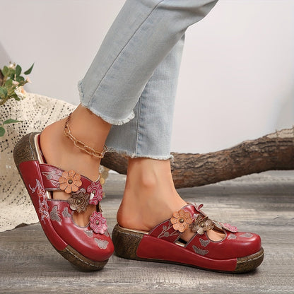 Damen Wedges Mules mit Blumen- und Schmetterlingsdesign – Boho Komfortschuhe