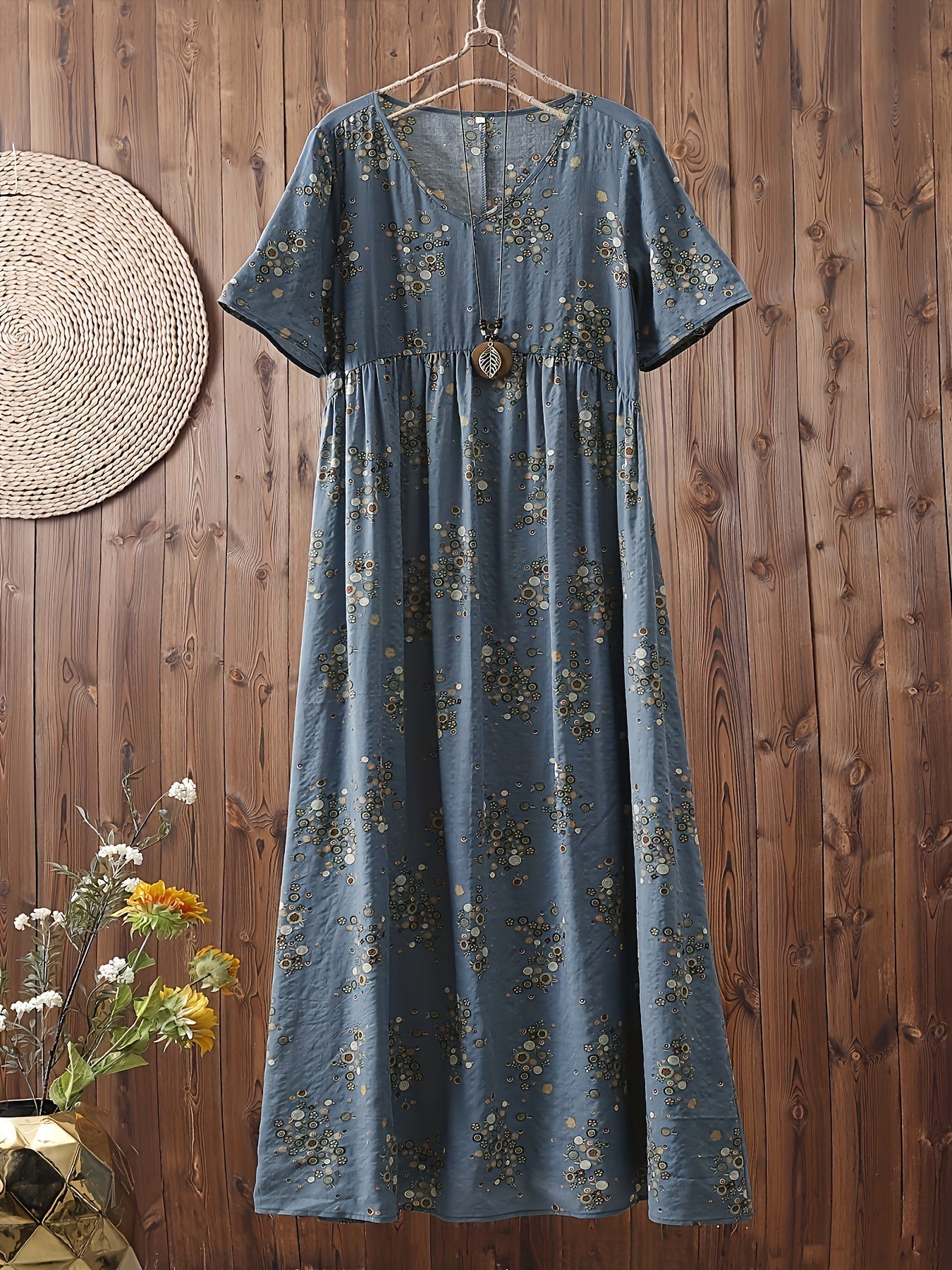 Damen Maxikleid Boho-Stil Vintage Tunika Sommerkleid mit Blumenmuster