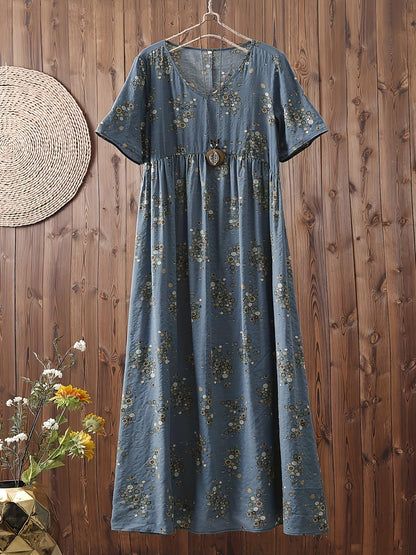 Damen Maxikleid Boho-Stil Vintage Tunika Sommerkleid mit Blumenmuster