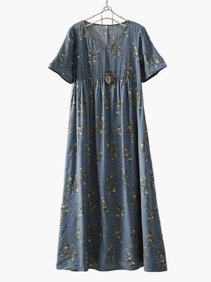 Damen Maxikleid Boho-Stil Vintage Tunika Sommerkleid mit Blumenmuster