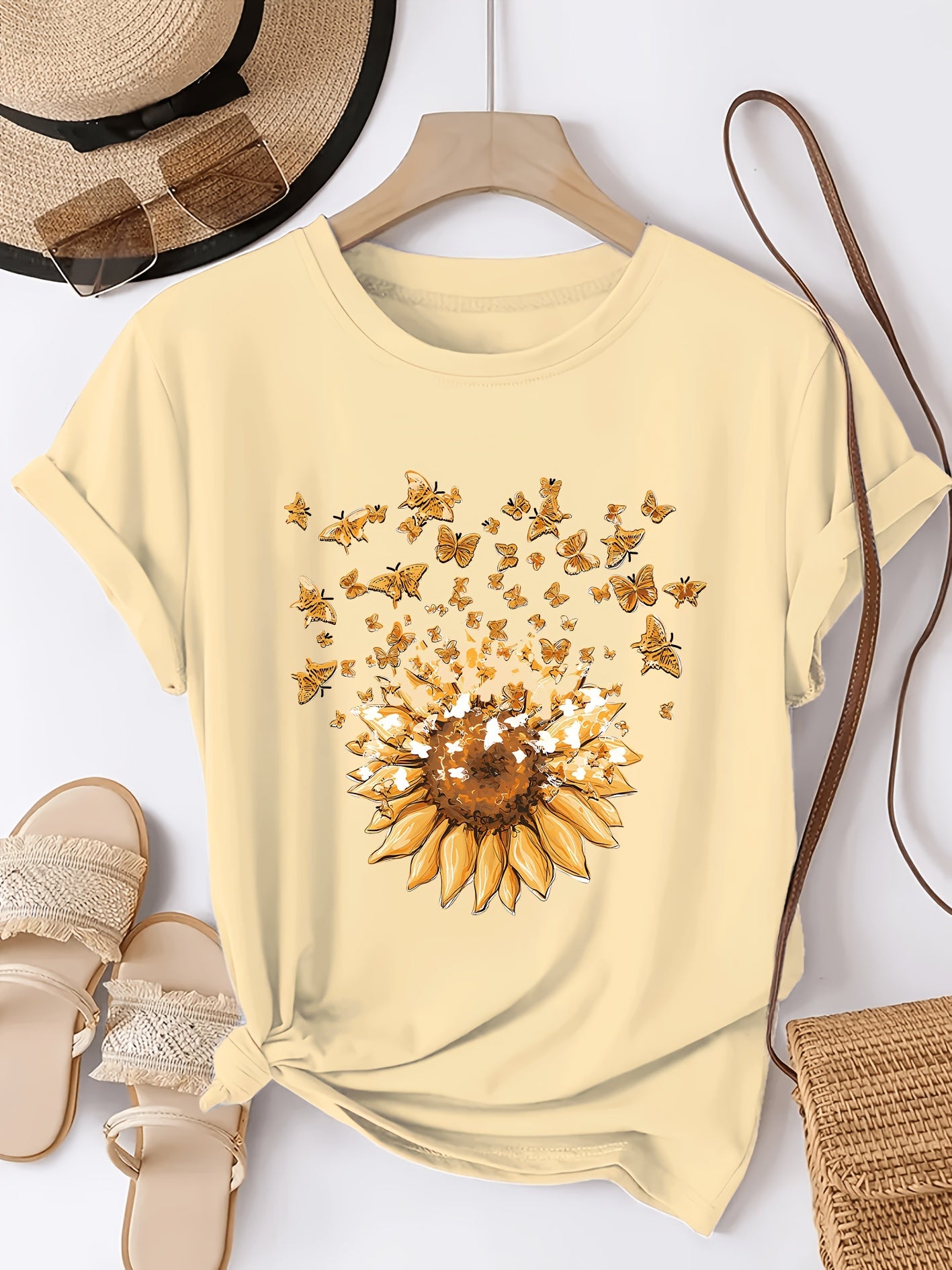 Damen T-Shirt mit Sonnenblume und Schmetterlings-Print – Sommerliches Casual Oberteil