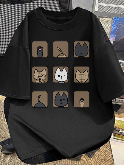 Damen & Herren T-Shirt mit lustigem Katzen-Motiv – Lockeres Freizeitshirt mit Cartoon Design