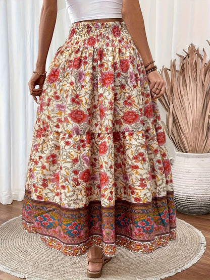 Damen Boho Maxirock mit Blumenmuster und Kordelzug – Sommer Freizeitrock für Strand und Alltag