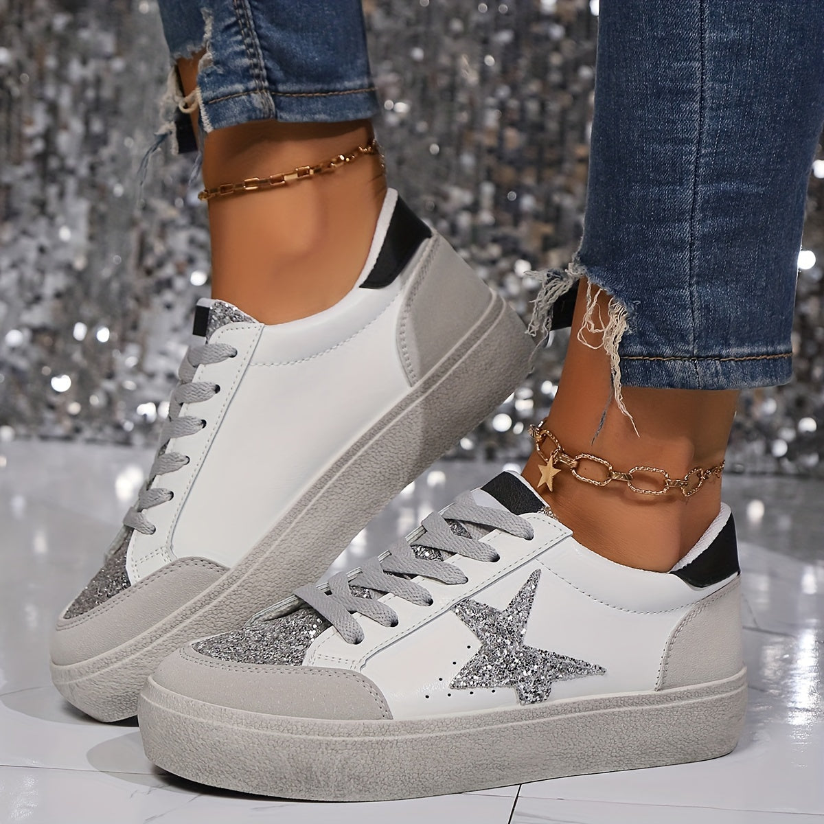 Damen Sneaker mit Glitzerstern und Plateau – Modische Freizeitschuhe für Alltag und Party