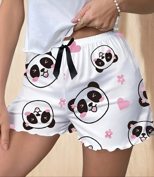 Damen Schlafshorts mit Panda-Motiv und Herzchen – Verspielte Pyjama-Shorts für gemütliche Nächte