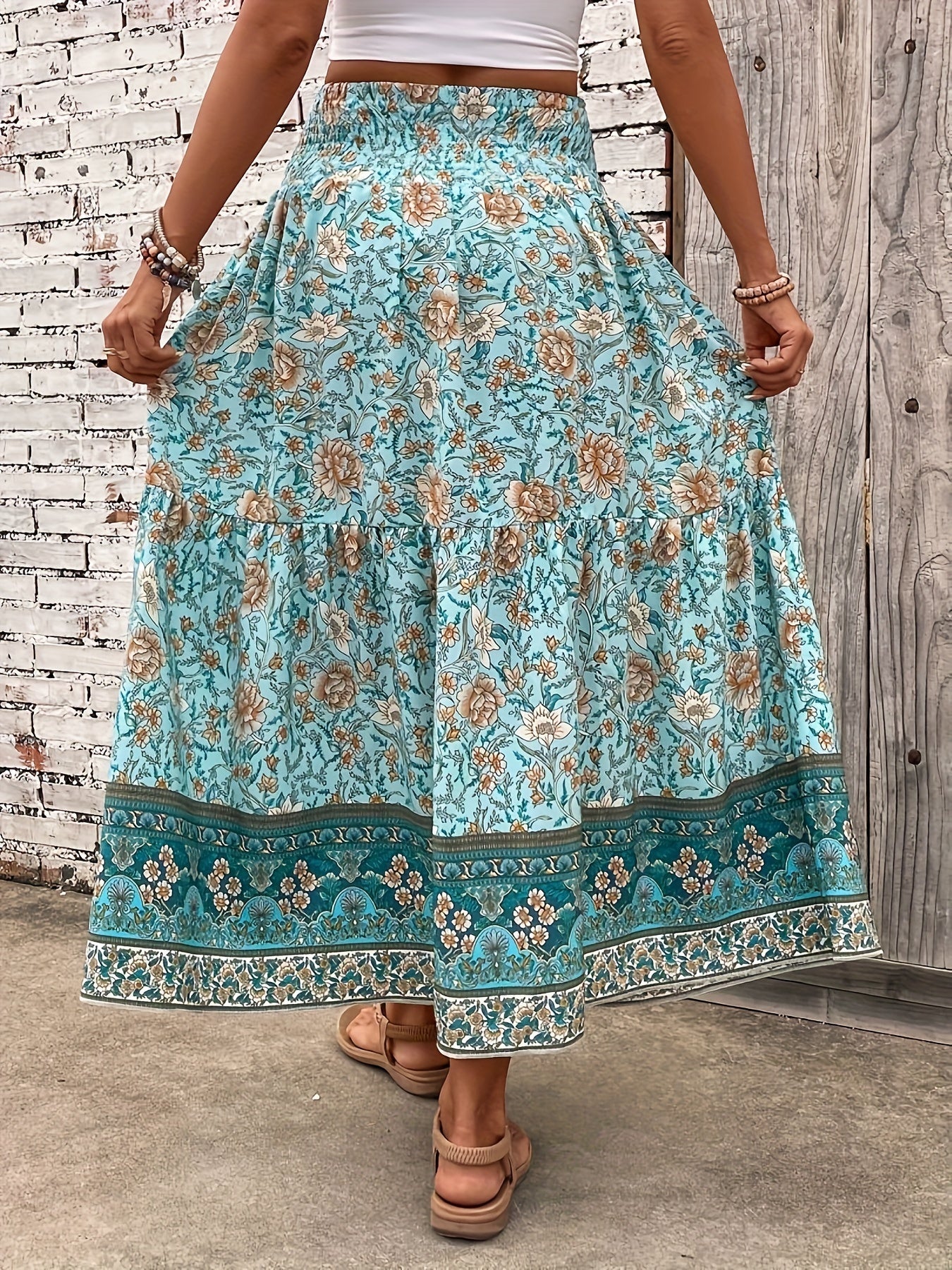 Damen Boho Maxirock mit Blumenmuster und Kordelzug – Sommer Freizeitrock für Strand und Alltag