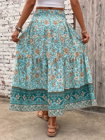 Damen Boho Maxirock mit Blumenmuster und Kordelzug – Sommer Freizeitrock für Strand und Alltag