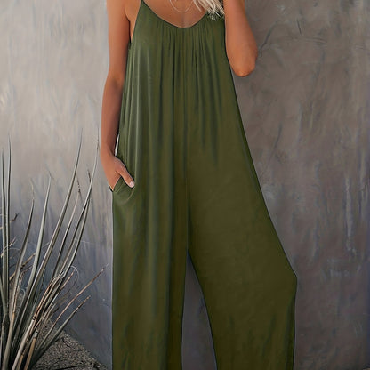 Damen Weite Casual Jumpsuit mit Spaghettiträgern – Luftiger Einteiler für Freizeit & Urlaub