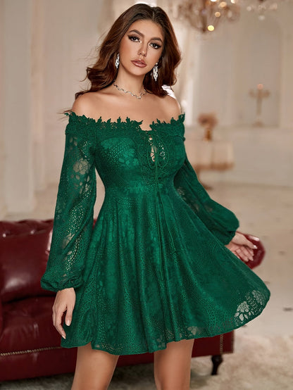 Damen Off-Shoulder Spitzenkleid Elegant Ausgeh-Look Festlich