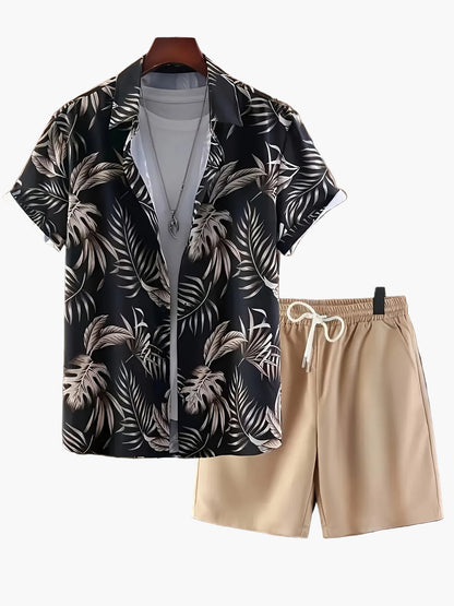 Herren Sommer Set – Kurzarm Hemd mit tropischem Print und Shorts, Freizeit Outfit für Urlaub & Strand