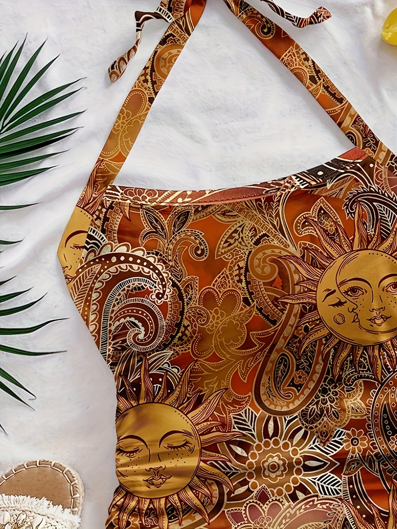 Damen Vintage Halterneck Top mit Sonne-Mond-Muster – Boho Festival Sommer Oberteil