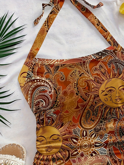 Damen Vintage Halterneck Top mit Sonne-Mond-Muster – Boho Festival Sommer Oberteil